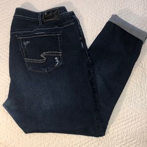 Silver Distressed Boyfriend Jeans. Stretch, dark blue Fluid denim.